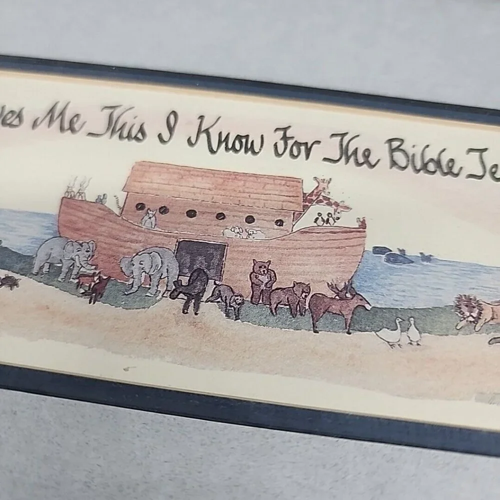 Vintage Blue Framed Water Color Noahs Arc Jesus Loves Me Bible Tells Me So 1994
